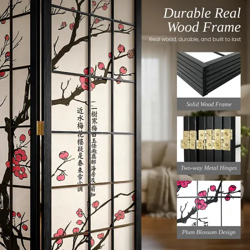 Vista 4 de Legacy Decor Biombo de 4 paneles para habitación con diseño de ciruelo en flor. Privacy Screen, Plum Blossom, Authentic Japanese Shoji Style, Real