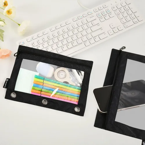 Vista 4 de Gredecor Estuche para lápices con 3 anillos con cremallera negra, paquete de 2 unidades, organizador de carpetas transparentes para ventana escolar