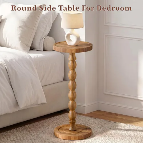 Vista 7 de Mesa auxiliar redonda pequeña, mesa de madera de acacia para espacios pequeños, mesas decorativas modernas, mesas auxiliares de café con pedestal