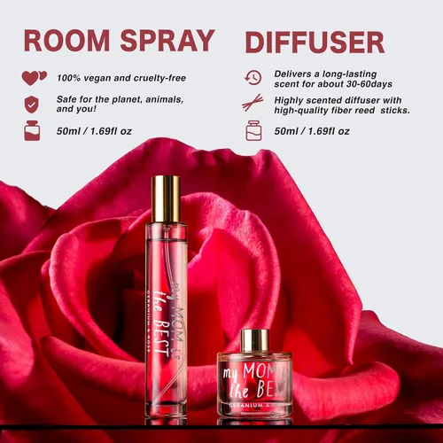 Vista 4 de Hidden Label Juego de velas de soja: regalo de geranio y rosa "Best Mom" con difusor de varillas y spray para habitación Cestas de regalo para mamá