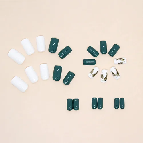 Vista 3 de 24 uñas postizas cuadradas medianas a presión, uñas postizas acrílicas artificiales con diseños de plumas doradas, cobertura completa