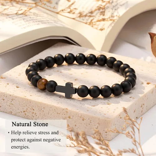 Vista 4 de Pulsera de cruz para hombre, regalo para hijo, nieto, papá, marido, padrino, hombres, cumpleaños, graduación, jubilación, Navidad, regalo cristiano