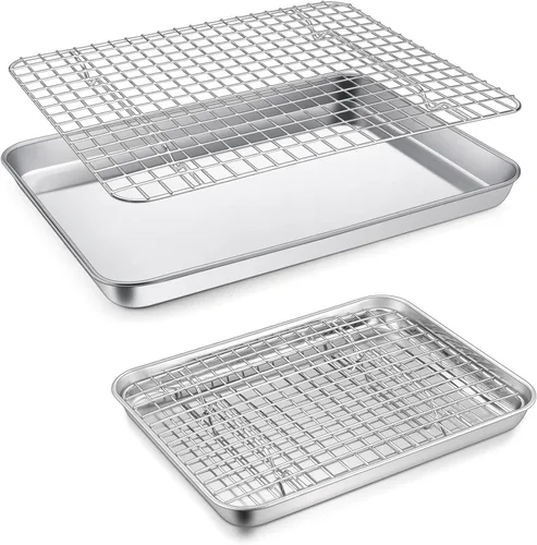 Vista 11 de P&P CHEF, bandeja para horno tostador de 9 pulgadas con juego de rejilla, bandeja de hornear de acero inoxidable y rejilla de enfriamiento