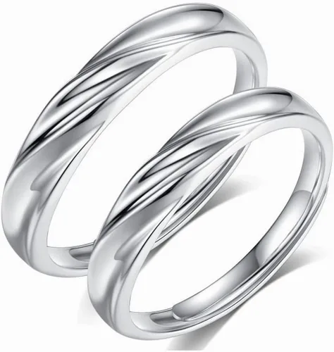 Vista 6 de Anillos a juego para parejas, juego de latidos de corazón ajustables para él y ella, alianzas de plata de ley 925