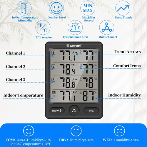 Vista 2 de Geevon Termómetro inalámbrico para interiores y exteriores con 3 sensores remotos, (negro)