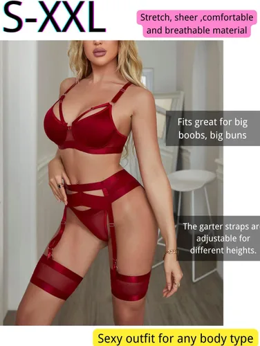 Vista 4 de Lenceria con liguero para mujer, conjunto de encaje traslúcido y sexy de 4piezas