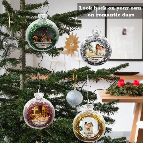 Vista 5 de AIFLM Adorno de bola de fotos personalizado 2022, adorno transparente de Navidad personalizado para parejas/mascotas, primera decoración de Navidad