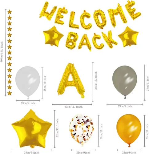 Vista 2 de Juego de 66 piezas de decoración de globos de bienvenida con texto en inglés "Welcome Back" y "Welcome Back", globos dorados y plateados, globos