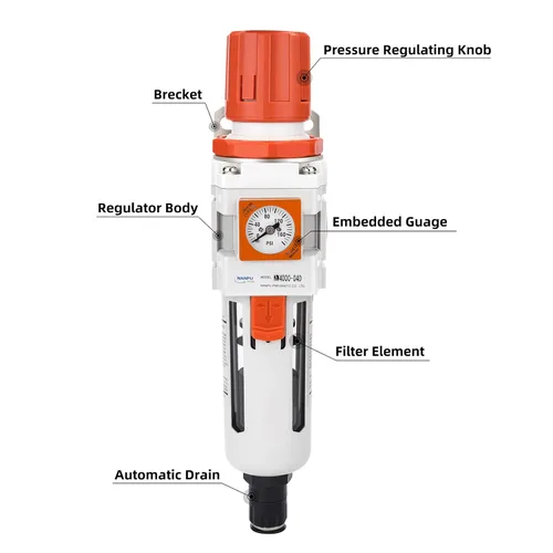 Vista 2 de NANPU 1/2 "NPT Embedded Gauge Compressed Air Filter/Regulador Piggyback Combo, Drenaje Automático, Elemento de Latón de 5 Micrones, Cuenco