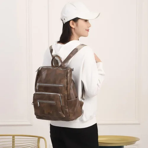Vista 2 de Mochila para mujer, bolso de viaje de moda multiusos de cuero de la PU retro, Mochilas Daypack, M, Marrón