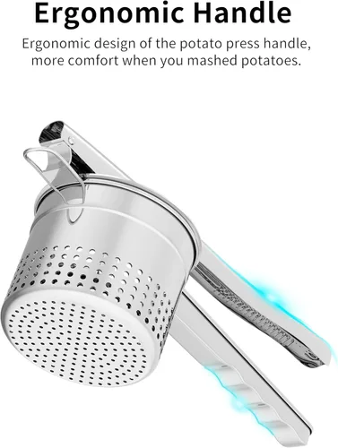 Vista 6 de GloTika Ricer de patatas grande de 15oz, triturador de patatas de acero inoxidable resistente con mango ergonómico, herramienta de cocina