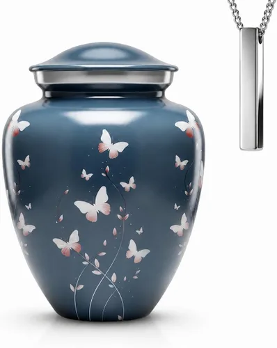 Vista 14 de Juego de 6 urnas de cremación decorativas personalizadas con diseño de mariposa azul para cenizas humanas, incluye 1 urna grande para cenizas