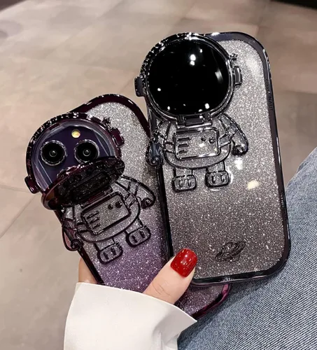 Vista 5 de Funda de teléfono con soporte oculto de astronauta para iPhone 11, bonito protector de cámara de lente de astronauta, soporte con purpurina