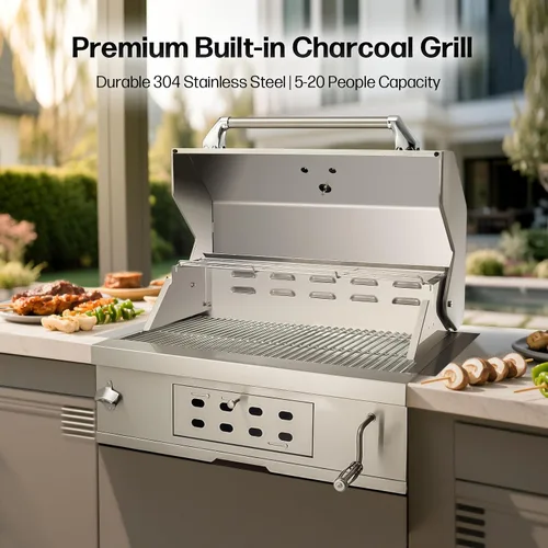 Vista 2 de Gran parrilla de carbón incorporada, parrillas de carbón con bandeja elevable, capucha aislada y medidor de temperatura, parrilla de barbacoa