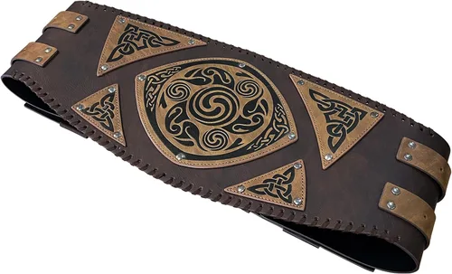 Vista 3 de HiiFeuer Viking - Armadura de cintura de piel sintética en relieve, cinturón ancho nórdico vintage, cinturón medieval de caballero mercenario