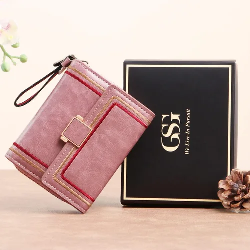 Vista 6 de GSG Cartera para mujer Cartera pequeña para mujer, tarjetero retro plegable para mujer, cartera compacta de cuero acordeón con bloqueo RFID