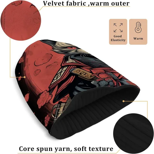 Vista 5 de Cool Cat Samurai - Gorro unisex holgado, talla única, cálido y suave para clima frío, color rojo, Rojo