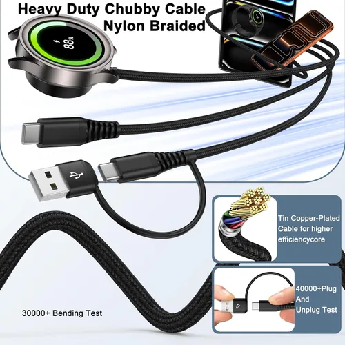 Vista 6 de Cable magnético de carga rápida Samsung para Galaxy Watch 8 Classic/8/7/Ultra/6/6/5 Pro/5/4/3/FE/2/2 en 1 USB A y USB C, cable de carga rápida de 6
