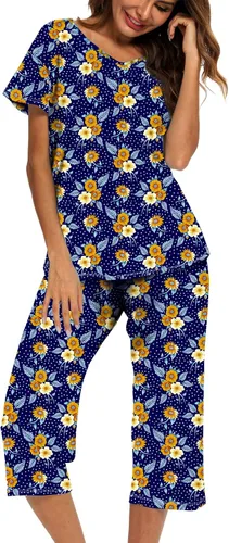 Vista 10 de ENJOYNIGHT Conjuntos de pijama de algodón para mujer, pijamas de verano con pantalones capri, ropa de dormir Gato negro