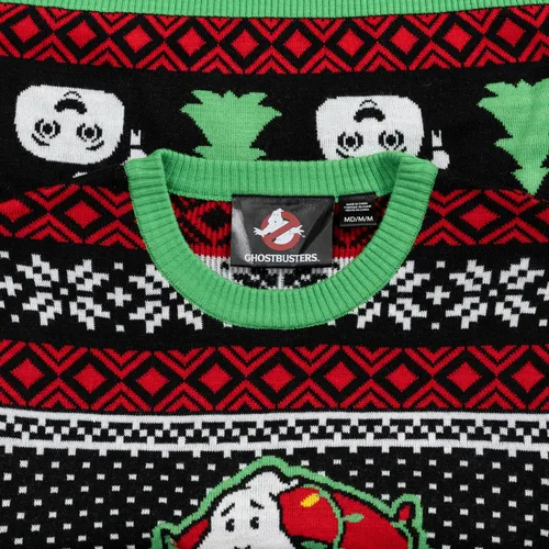 Vista 6 de Ghostbusters Logo Marhsmellow Hombre y árboles iluminan suéter feo de Navidad