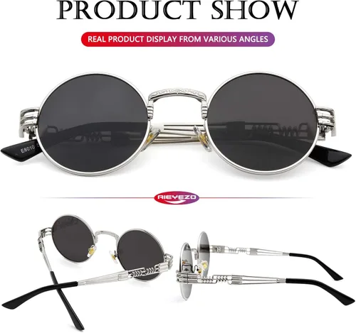 Vista 5 de AIEYEZO Gafas de sol redondas steampunk Circle Lennon Hippie marco de metal lente de bloqueo UV 100