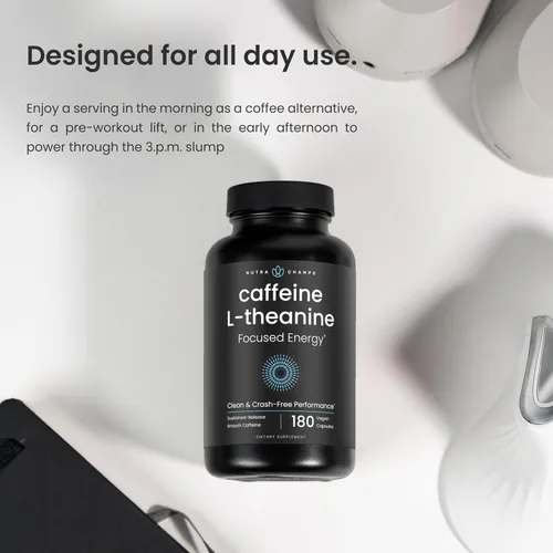 Vista 2 de Píldoras de cafeína con L-teanina – 180 píldoras energéticas para mujeres y hombres – Energía enfocada limpia y duradera – Liberación sostenida