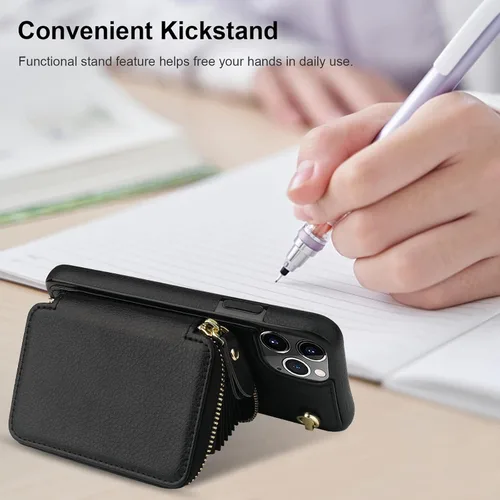 Vista 6 de Bocasal Funda tipo cartera cruzada para iPhone 11 Pro Max, funda de piel con bloqueo RFID y soporte para tarjetas, funda protectora con cremallera