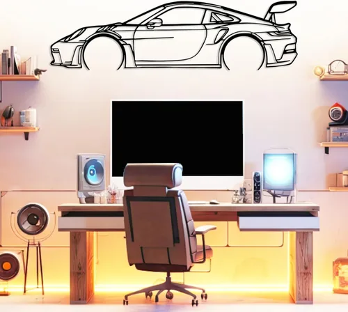 Vista 17 de DecoSoul Arte de Pared de Metal con Silueta de Coche 911, Coche Deportivo, Decoración de Línea de Silueta Automotriz, Cueva de Hombre, Regalo
