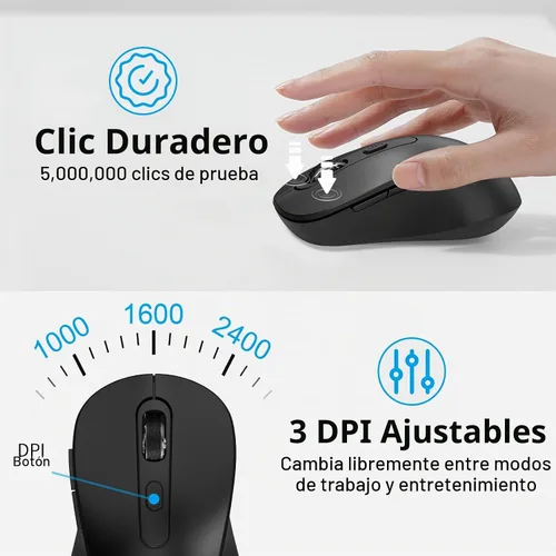 Vista 5 de Mouse inalámbrico para laptop, PC, Chromebook, Mac, MacBook, mouse inalámbrico silencioso con receptor USB nano, botón lateral, 2400 DPI, rodillo