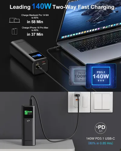 Vista 3 de AsperX Banco de energía para portátil, 27,600 mAh, 162.5 W, cuerpo unificado de aluminio PD3.1, cargador portátil de carga rápida, banco de batería