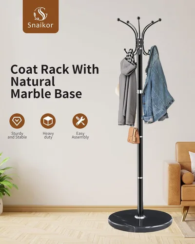 Vista 7 de Snaikor Perchero de Metal con Base de Mármol Natural, Perchero Moderno Independiente, Perchero Giratorio de 360° con 14 Ganchos, Perchero