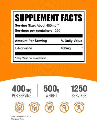 Vista 2 de BulkSupplements. com L-Norvaline Powder - Suplemento de L-norvalina, suplemento de óxido nítrico, suplemento de aminoácidos, sin gluten, 400 mg por