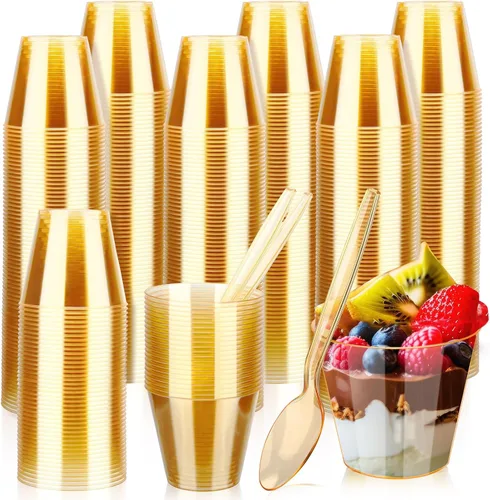 Vista 7 de Tanlade Juego de 100 tazas de postre de 5 onzas con cucharas, vasos de plástico de color para bodas, fiestas de cumpleaños, helados, postres de Azul