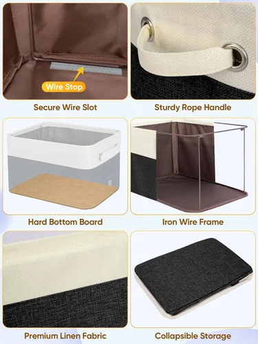 Vista 6 de BALEINE 1 paquete de contenedores de almacenamiento de tela para estantes, cestas de almacenamiento de lino para organizar, contenedores decorativos