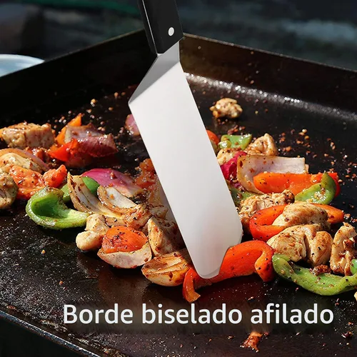 Vista 5 de HaSteeL Espátula de plancha de metal, acero inoxidable larga con mango remachado, girador de hamburguesas perforado resistente y sólido para cocinar