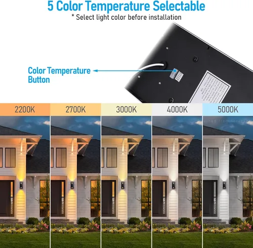 Vista 2 de LEONLITE Lámpara de pared LED regulable 5CCT arriba-abajo, 100-277V, CRI 90+, IP65 impermeable, regulable del 10% al 100% para exteriores