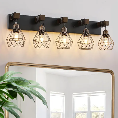 Vista 22 de Lámparas blancas para tocador de baño, luminarias de baño de madera de 2 luces sobre el espejo, apliques rústicos de pared con elegante pantalla