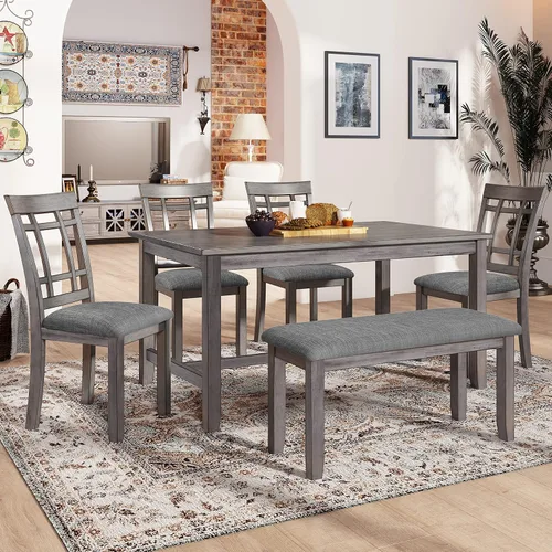 Vista 3 de Juego de mesa de comedor de madera de 6 piezas, juego de mesa de cocina con rectangular, juego de mesa de comedor con banco tapizado y 4 sillas
