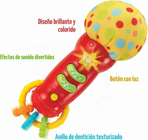 Vista 2 de Micrófono de juguete para bebé con botón de estrella iluminado de felpa suave, cabeza de lunares, rimas musicales, efectos de sonido y sonajero