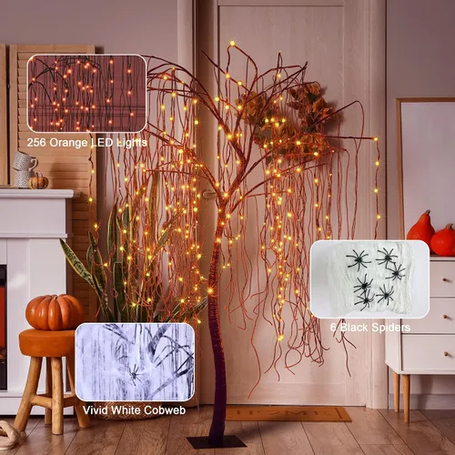 Vista 9 de Árbol de sauce iluminado de Halloween de 7 pies, 256 luces LED naranjas, árbol de sauce artificial llorón con 6 arañas, decoración