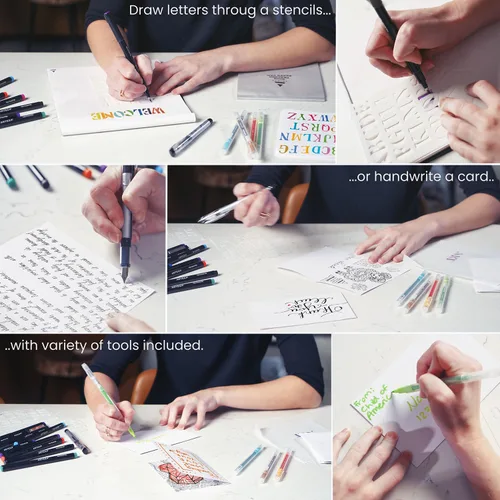 Vista 4 de ARTEZA Kit de caligrafía y letras – Juego para principiantes con marcadores de alcohol, bolígrafos de pincel, papel y herramientas para letras a