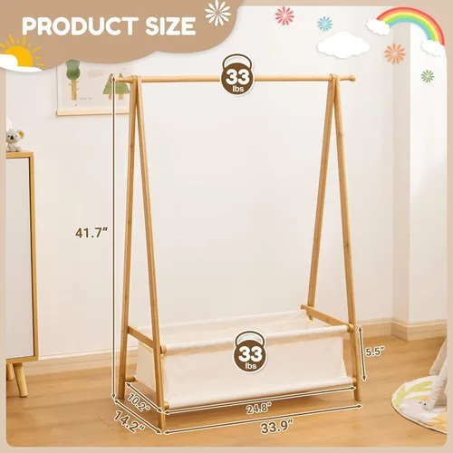 Vista 4 de Cozivolife Perchero de ropa para niños con caja de almacenamiento, soporte para vestir, soporte para ropa infantil con varillas para colgar, pequeño