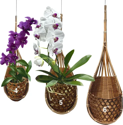 Vista 12 de cesta colgante de orquídea hecha a mano 100% de bambú tailandés – 4 pulgadas, juego de 3