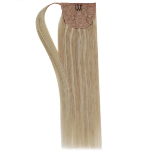 Vista 8 de Easyouth Extensión de cabello humano rubio con cola de caballo, extensiones de cabello humano rubio dorado con reflejos rubios, extensiones