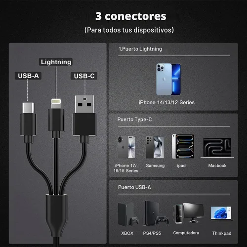 Vista 2 de Lector de tarjetas de memoria 8 en 1 con 3 puertos USB, adaptador Lightning/USB-C/USB-A para iPhone/Android/PC/Mac, compatible con tarjetas