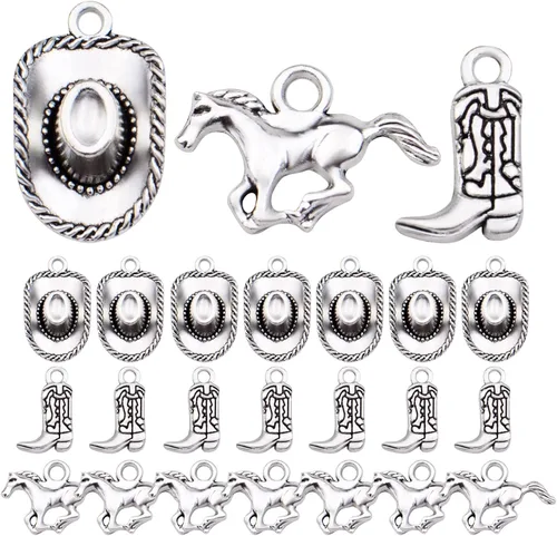 Vista 9 de 60 dijes de vaquero con temática occidental de bronce antiguo, aleación tibetana, sombrero de vaquero occidental, botas y caballos, dijes