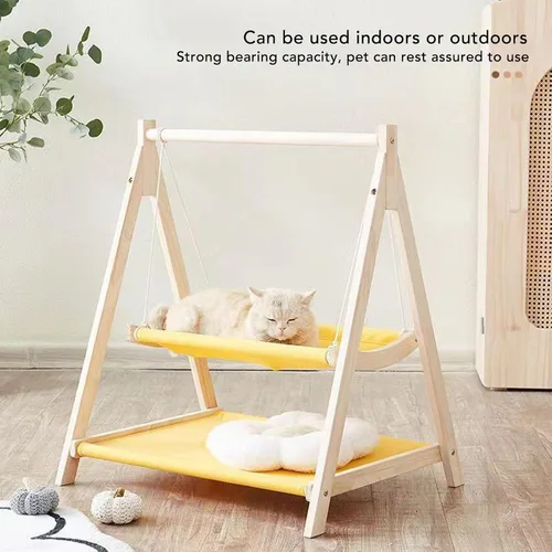 Vista 5 de Elevated Cat Bed, Breathable Washable Fabric Sturdy Pine Wood Construction Cat Hammock, Raised Bed with Double Layer Design Easy Assembly for Indoor