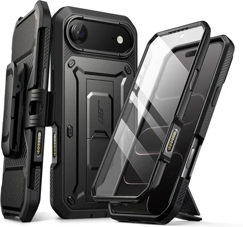 Vista 16 de SUPCASE - Funda para iPhone 17 Pro Max con función atril y protector de pantalla, color negro Built-in Camera Control Button, Detachable Belt