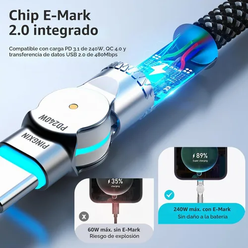 Vista 5 de Cable USB C de 3.3 pies, 240 W, trenzado, giratorio de 180°, USB C a USB C, cable USB 2.0, tipo C, cable de carga para iPhone 16/16Pro/16Plus/16Pro