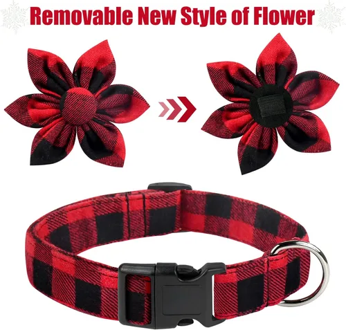 Vista 3 de Malier Collar de Navidad para perro con flor, clásico collar de perro a cuadros de búfalo con hebilla, collares de Navidad ajustables con pajarita